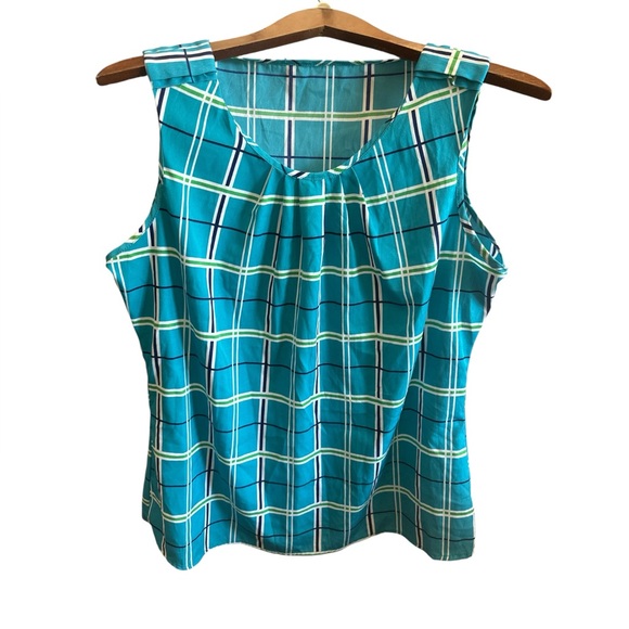 Source Unknown Tops - Women’s Teal Plaid Sleeveless Top Size XL Casual Pleated Preppy Tank Top Blouse
